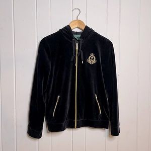 SOLD! Lauren Ralph Lauren Size L Velvet Hoodie Jacket Zip Black Gold Embroidered